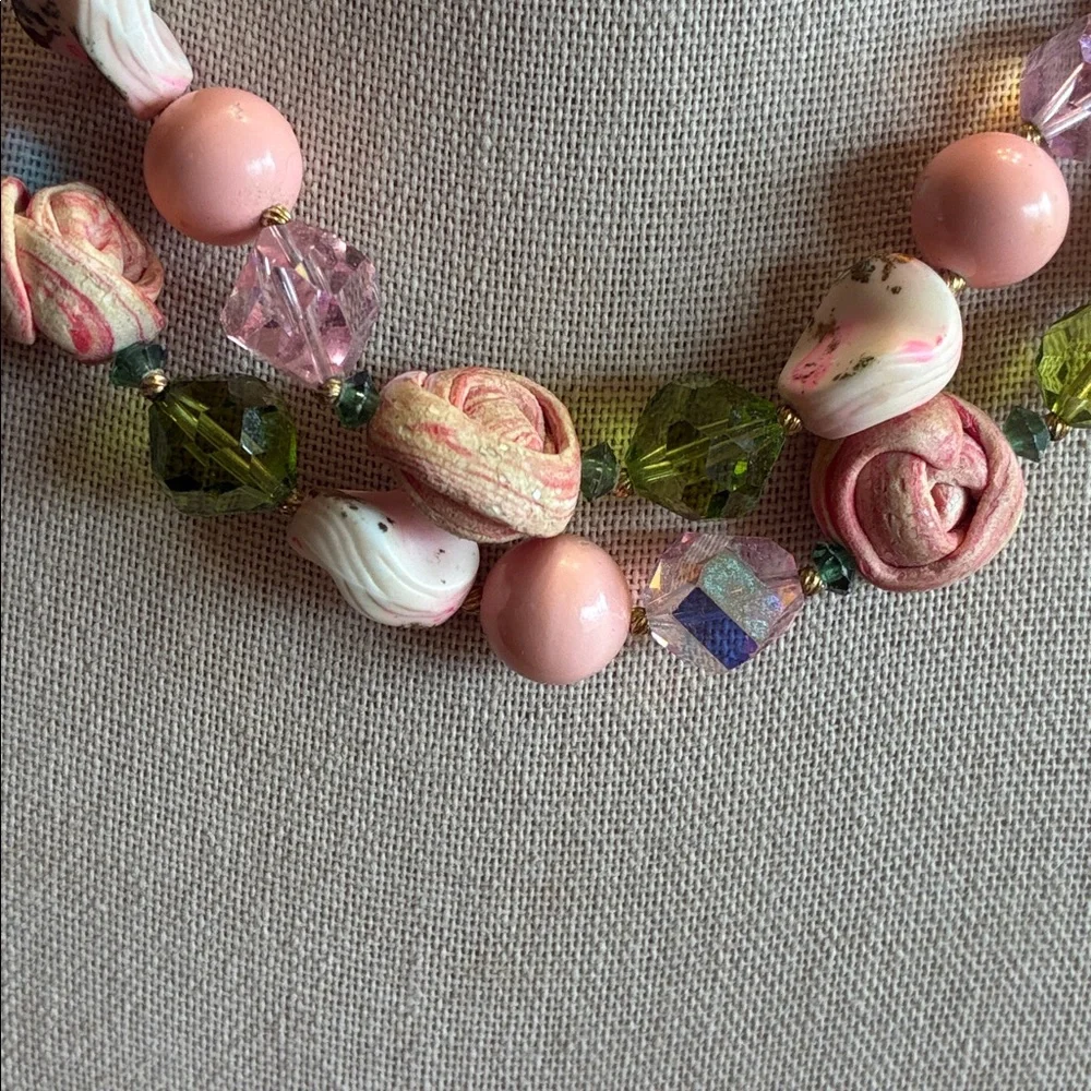 Vintage Vendome Double Strand Art Glass Rolled Rose Crystal Choker Necklace - Picture 2 of 5